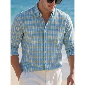 Ralph Lauren Mens Medium Plaid Button Down Shirt Blue Green Yellow Pink Pony